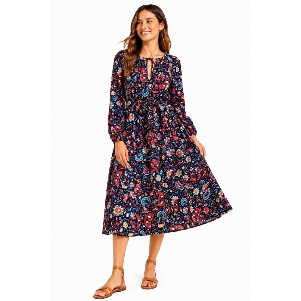 NWT Mystical Creatures LOFT Navy 100% Cotton Relaxed Belted Dress SZ S/M